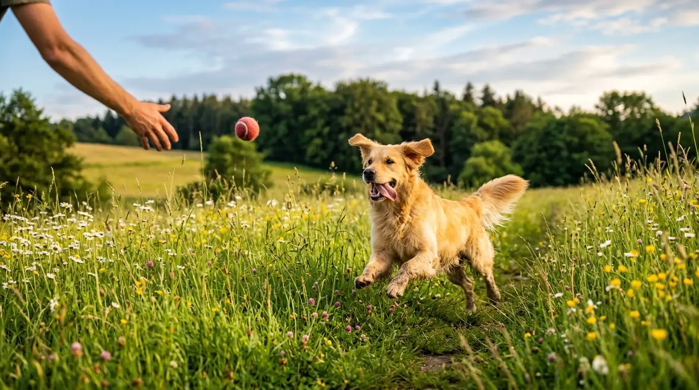Cane felice che corre nel prato protetto dallo Spray Zecche naturale ANiNATURE